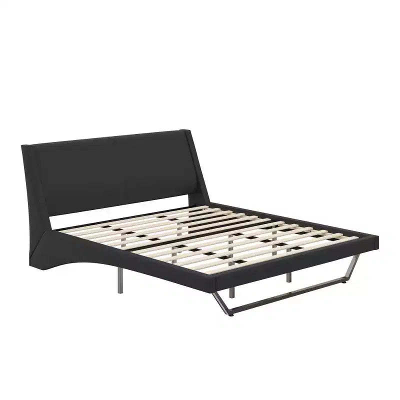 Cadre de lit plateforme moderne King Size Whisen, lit rembourré en cuir PU avec design incurvé, pieds trapézoïdaux suspendus