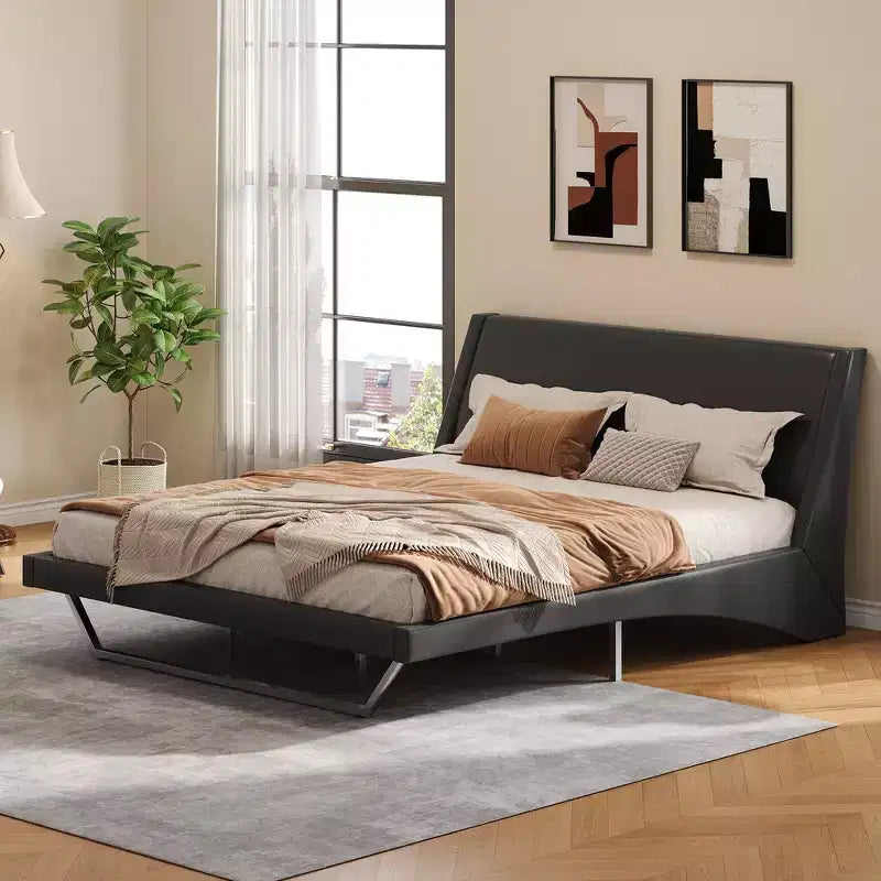 Whisen King Size Modern Platform Bed Frame, Upholstered PU Leather Bed with Curved Design, Suspended Trapezoidal Legs