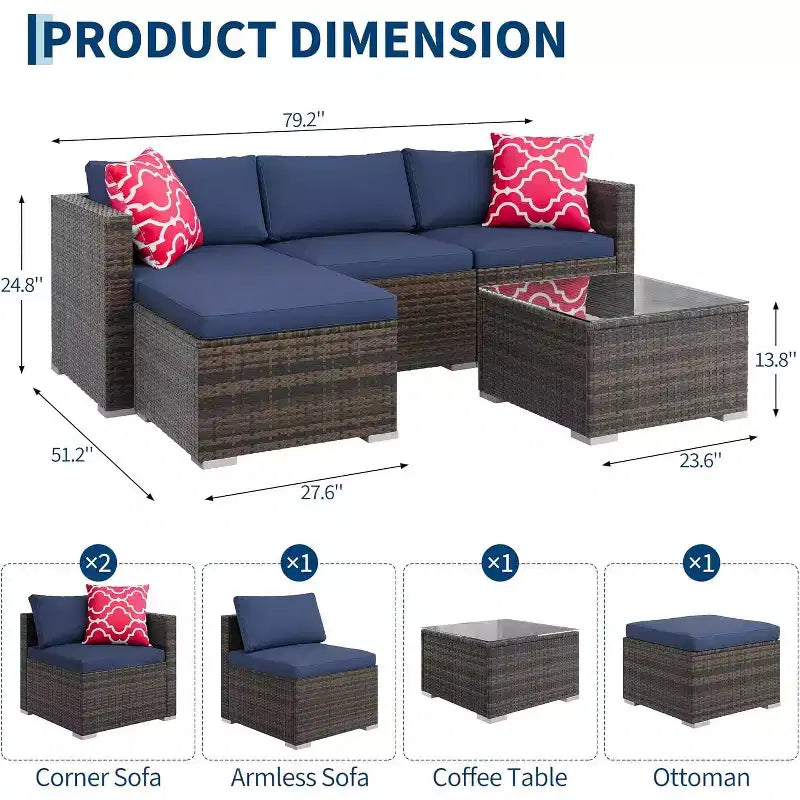 Acekool 5-Piece Rattan Patio Sectional Sofa Set, Modular Outdoor Furniture with Cushions, for Backyard, Garden, Poolside