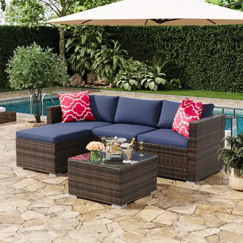 Acekool 5-Piece Rattan Patio Sectional Sofa Set, Modular Outdoor Furniture with Cushions, for Backyard, Garden, Poolside