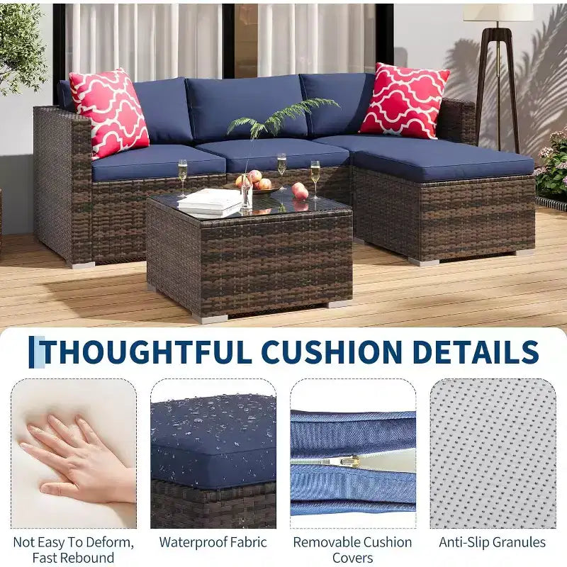 Acekool 5-Piece Rattan Patio Sectional Sofa Set, Modular Outdoor Furniture with Cushions, for Backyard, Garden, Poolside