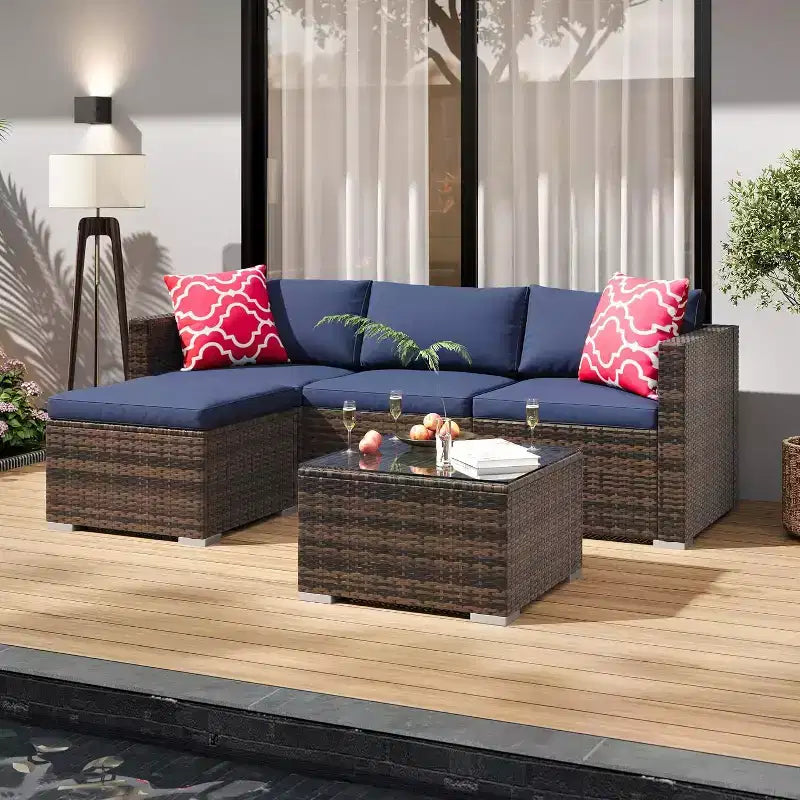 Acekool 5-Piece Rattan Patio Sectional Sofa Set, Modular Outdoor Furniture with Cushions, for Backyard, Garden, Poolside