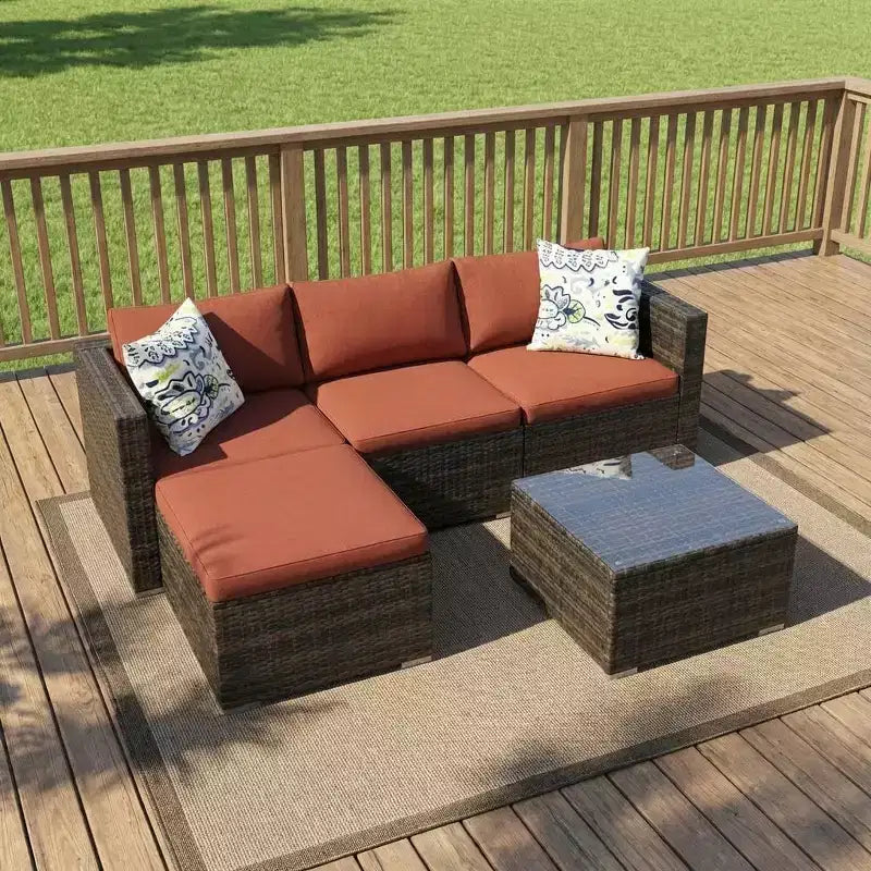 Acekool 5-Piece Rattan Patio Sectional Sofa Set, Modular Outdoor Furniture with Cushions, for Backyard, Garden, Poolside