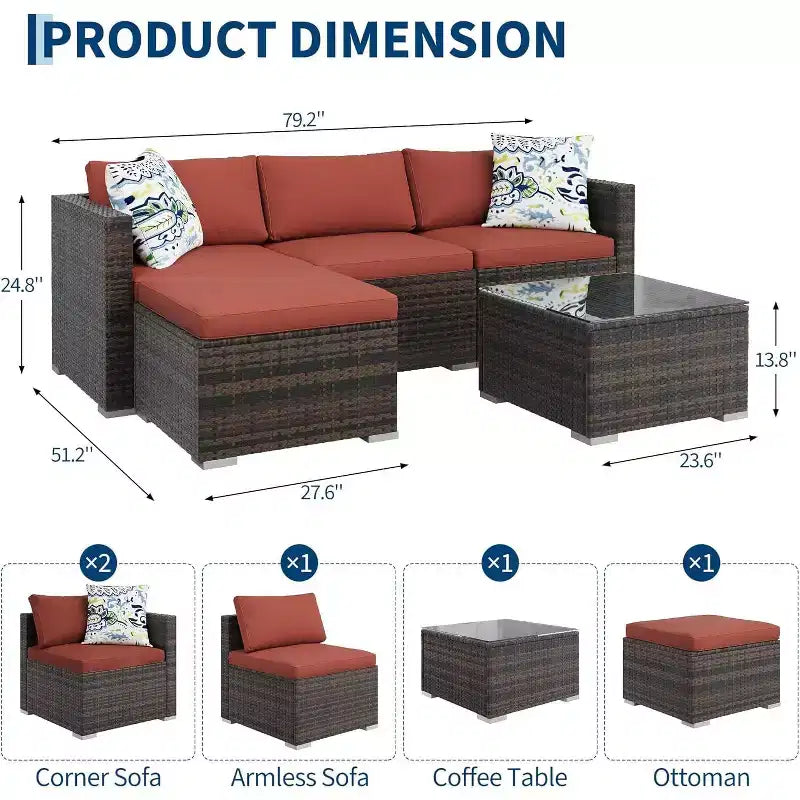 Acekool 5-Piece Rattan Patio Sectional Sofa Set, Modular Outdoor Furniture with Cushions, for Backyard, Garden, Poolside