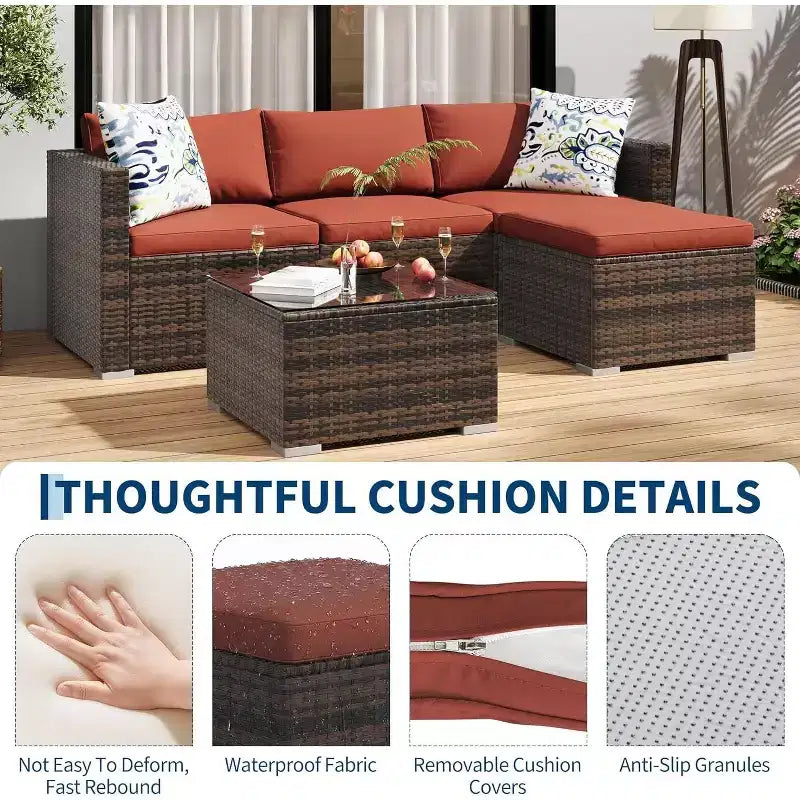 Acekool 5-Piece Rattan Patio Sectional Sofa Set, Modular Outdoor Furniture with Cushions, for Backyard, Garden, Poolside