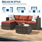 Acekool 5-Piece Rattan Patio Sectional Sofa Set, Modular Outdoor Furniture with Cushions, for Backyard, Garden, Poolside