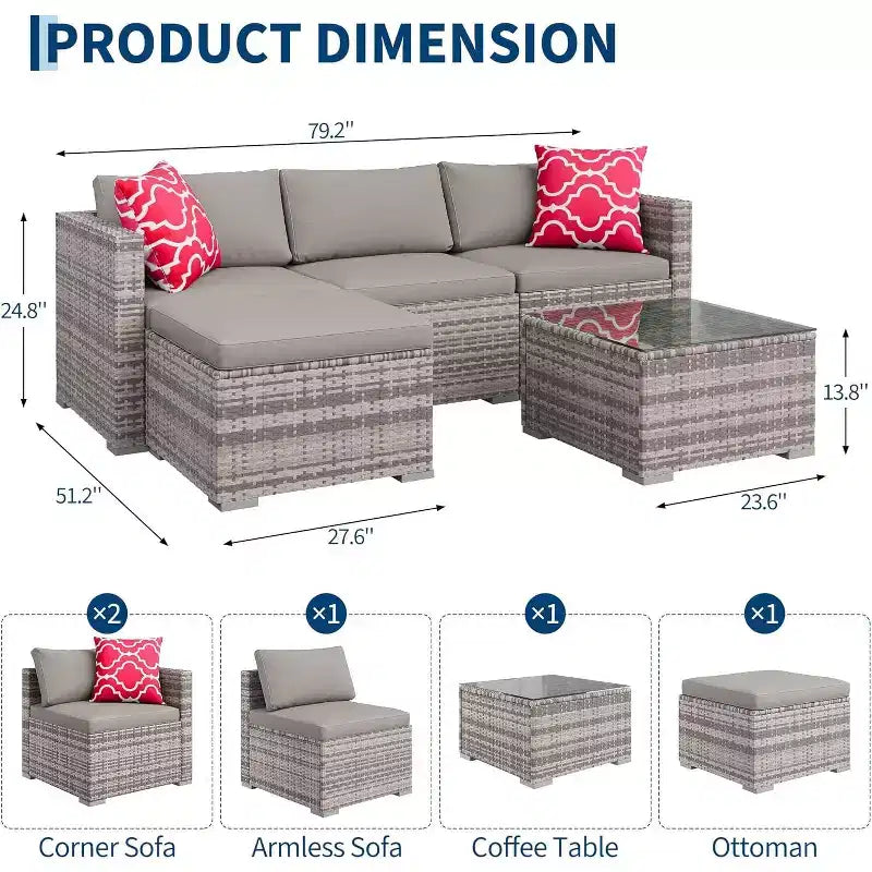 Acekool 5-Piece Rattan Patio Sectional Sofa Set, Modular Outdoor Furniture with Cushions, for Backyard, Garden, Poolside