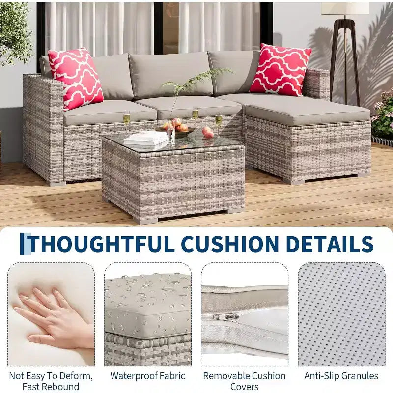Acekool 5-Piece Rattan Patio Sectional Sofa Set, Modular Outdoor Furniture with Cushions, for Backyard, Garden, Poolside
