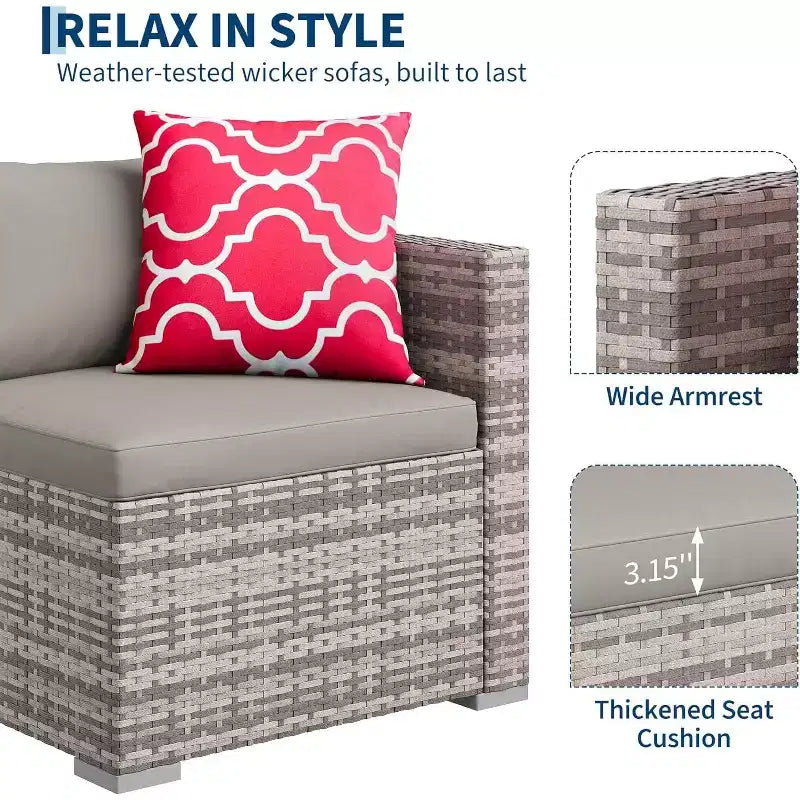 Acekool 5-Piece Rattan Patio Sectional Sofa Set, Modular Outdoor Furniture with Cushions, for Backyard, Garden, Poolside