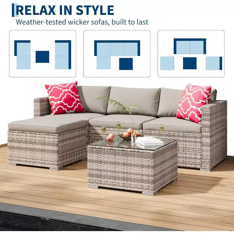 Acekool 5-Piece Rattan Patio Sectional Sofa Set, Modular Outdoor Furniture with Cushions, for Backyard, Garden, Poolside