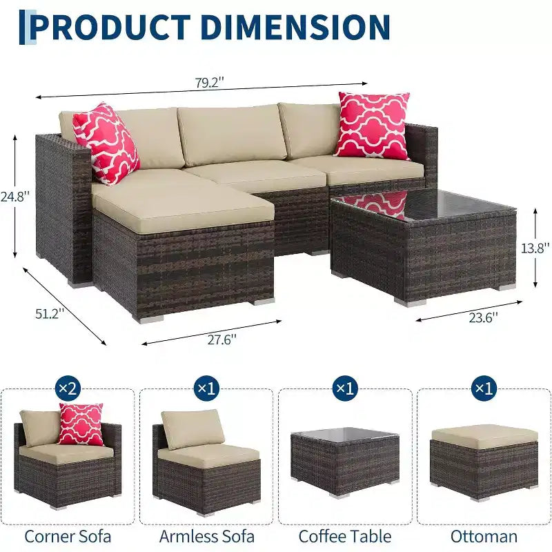 Acekool 5-Piece Rattan Patio Sectional Sofa Set, Modular Outdoor Furniture with Cushions, for Backyard, Garden, Poolside