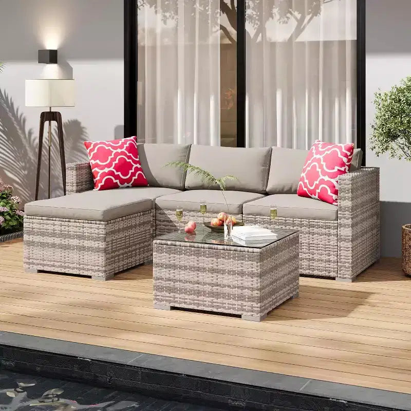 Acekool 5-Piece Rattan Patio Sectional Sofa Set, Modular Outdoor Furniture with Cushions, for Backyard, Garden, Poolside