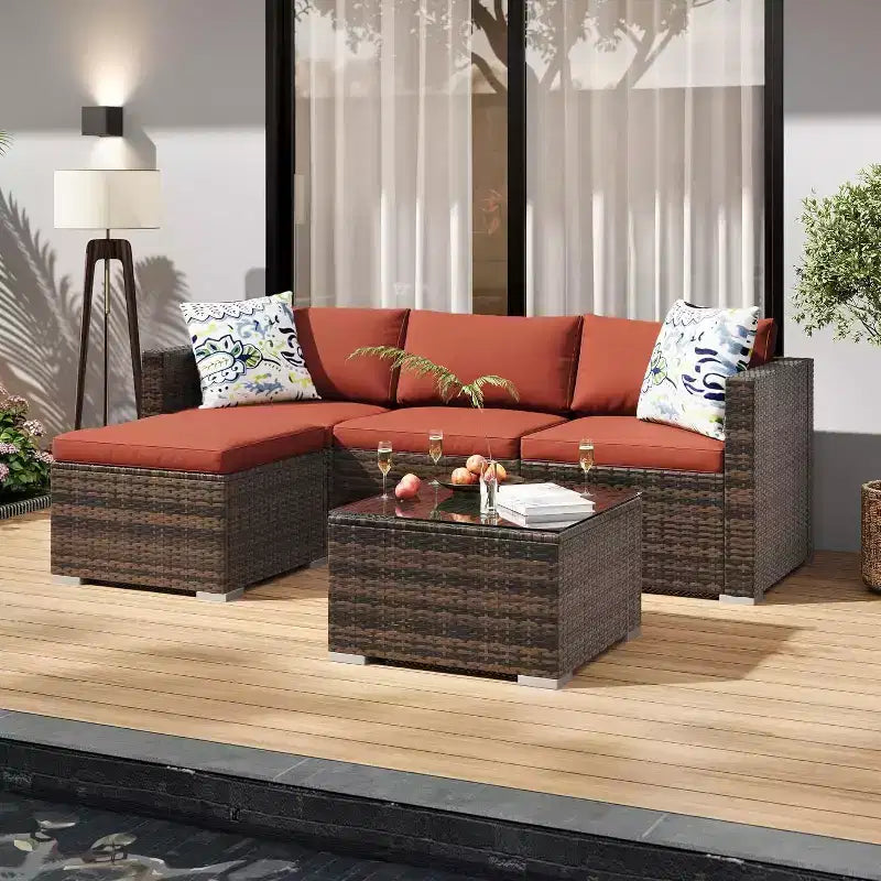 Acekool 5-Piece Rattan Patio Sectional Sofa Set, Modular Outdoor Furniture with Cushions, for Backyard, Garden, Poolside