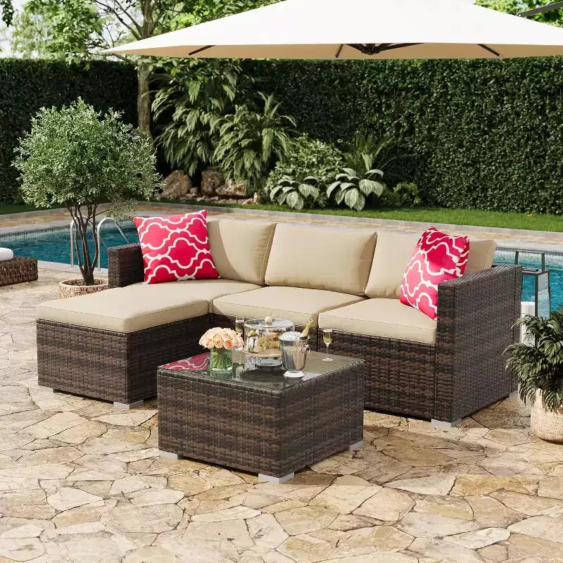 Acekool 5-Piece Rattan Patio Sectional Sofa Set, Modular Outdoor Furniture with Cushions, for Backyard, Garden, Poolside