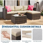 Acekool 5-Piece Rattan Patio Sectional Sofa Set, Modular Outdoor Furniture with Cushions, for Backyard, Garden, Poolside