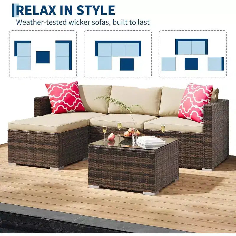 Acekool 5-Piece Rattan Patio Sectional Sofa Set, Modular Outdoor Furniture with Cushions, for Backyard, Garden, Poolside