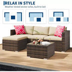 Acekool 5-Piece Rattan Patio Sectional Sofa Set, Modular Outdoor Furniture with Cushions, for Backyard, Garden, Poolside