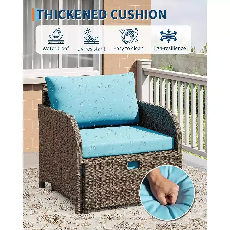 5-Piece PE Rattan Outdoor Seating Set With Ottomans and Glass Tabletop for Patio, Garden, Balcony