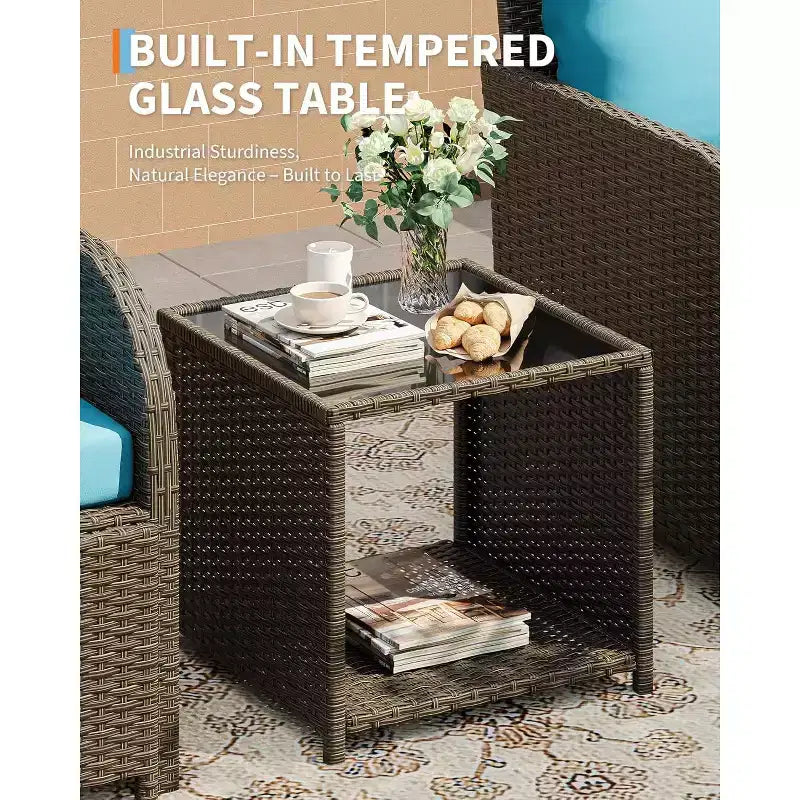5-Piece PE Rattan Outdoor Seating Set With Ottomans and Glass Tabletop for Patio, Garden, Balcony