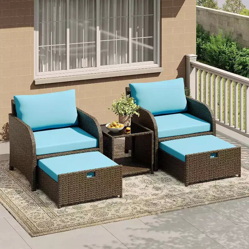 5-Piece PE Rattan Outdoor Seating Set With Ottomans and Glass Tabletop for Patio, Garden, Balcony