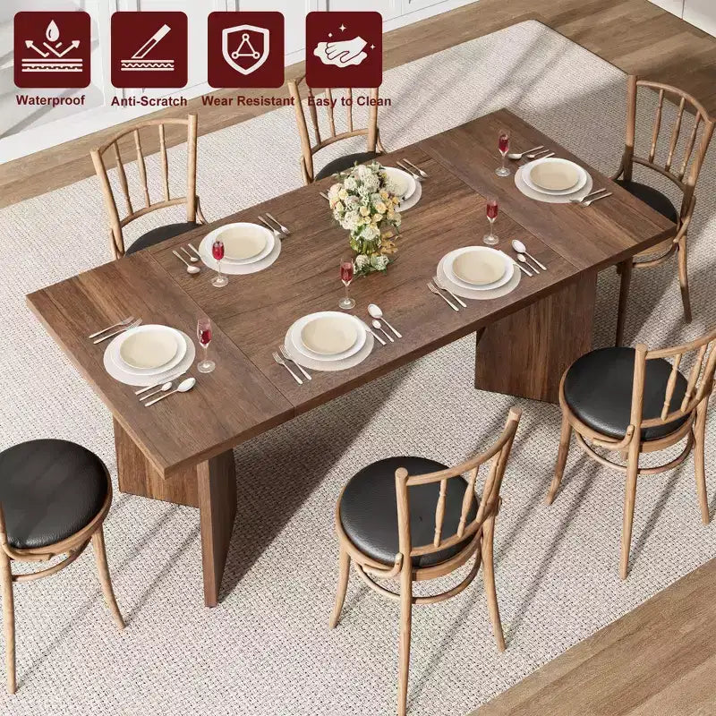 Table de salle à manger de 180 cm pour 6 personnes, table de cuisine rectangulaire de style rustique avec cadre robuste et pieds en V, longue et épaisse en bois