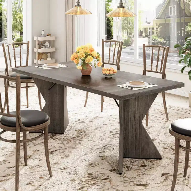 Table de salle à manger de 180 cm pour 6 personnes, table de cuisine rectangulaire de style rustique avec cadre robuste et pieds en V, longue et épaisse en bois