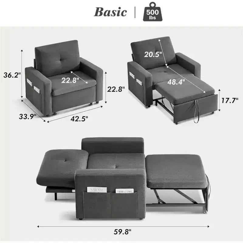 Fauteuil-lit convertible 3-en-1 extra-large Dyonery 42.5 avec canapé-lit escamotable, dossier inclinable à 5 niveaux et poches latérales pour petits espaces