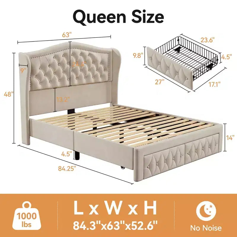 Dyonery Queen Bed Frame, Velvet Upholstered Platform Bed with 2 Storage Drawers, 52.6 Tall Wingback & Vertical Tufted Headboard Design