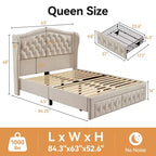 Dyonery Queen Bed Frame, Velvet Upholstered Platform Bed with 2 Storage Drawers, 52.6 Tall Wingback & Vertical Tufted Headboard Design