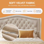 Dyonery Queen Bed Frame, Velvet Upholstered Platform Bed with 2 Storage Drawers, 52.6 Tall Wingback & Vertical Tufted Headboard Design