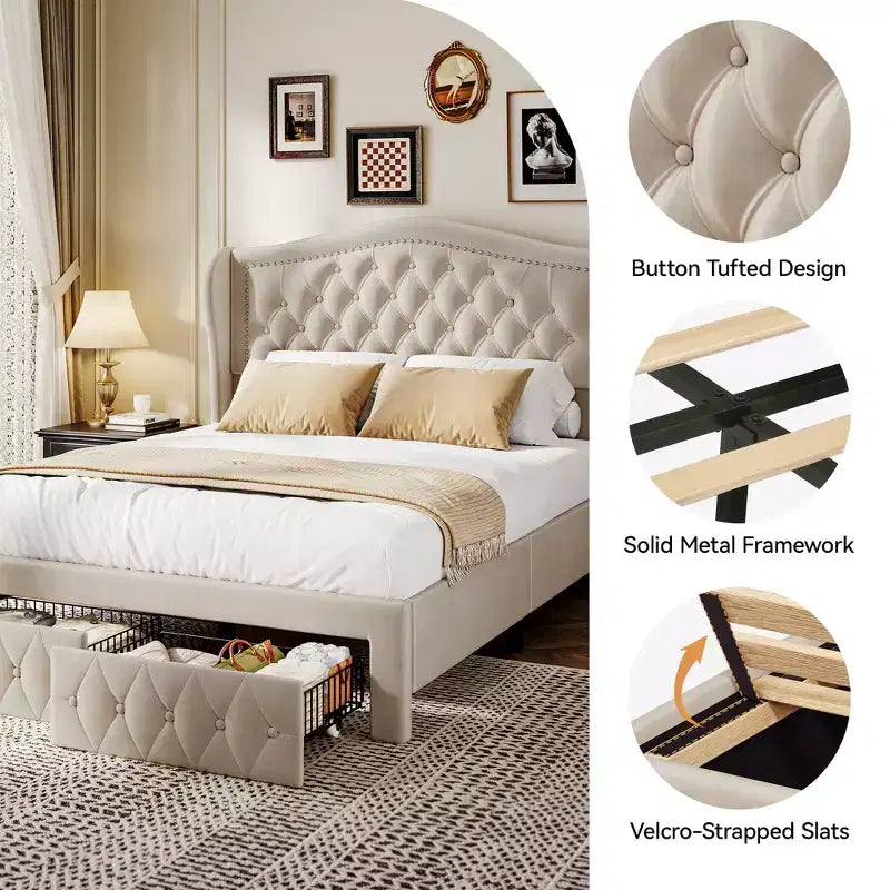 Dyonery Queen Bed Frame, Velvet Upholstered Platform Bed with 2 Storage Drawers, 52.6 Tall Wingback & Vertical Tufted Headboard Design