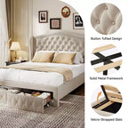 Dyonery Queen Bed Frame, Velvet Upholstered Platform Bed with 2 Storage Drawers, 52.6 Tall Wingback & Vertical Tufted Headboard Design