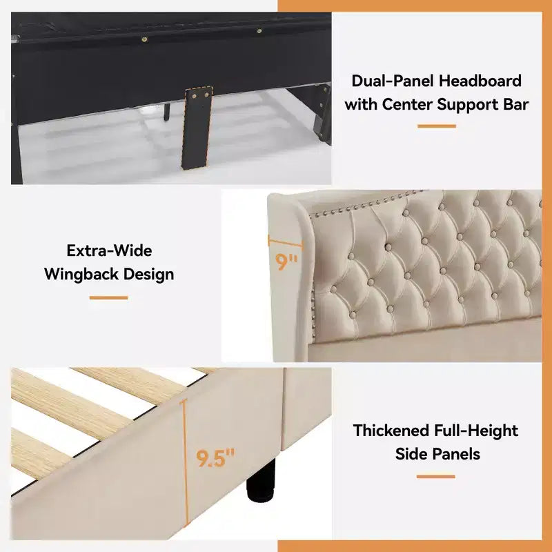 Dyonery Queen Bed Frame, Velvet Upholstered Platform Bed with 2 Storage Drawers, 52.6 Tall Wingback & Vertical Tufted Headboard Design
