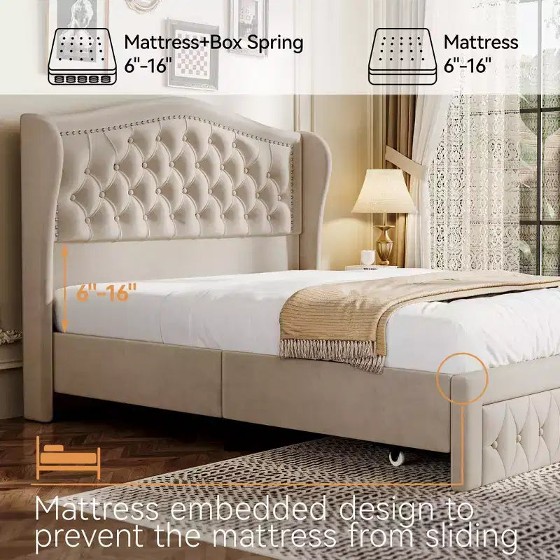 Dyonery Queen Bed Frame, Velvet Upholstered Platform Bed with 2 Storage Drawers, 52.6 Tall Wingback & Vertical Tufted Headboard Design