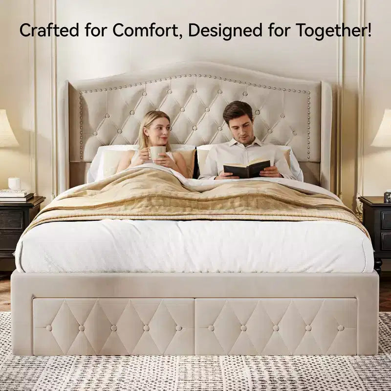 Dyonery Queen Bed Frame, Velvet Upholstered Platform Bed with 2 Storage Drawers, 52.6 Tall Wingback & Vertical Tufted Headboard Design