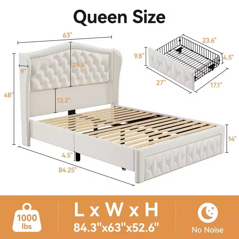 Dyonery Queen Bed Frame, Velvet Upholstered Platform Bed with 2 Storage Drawers, 52.6 Tall Wingback & Vertical Tufted Headboard Design