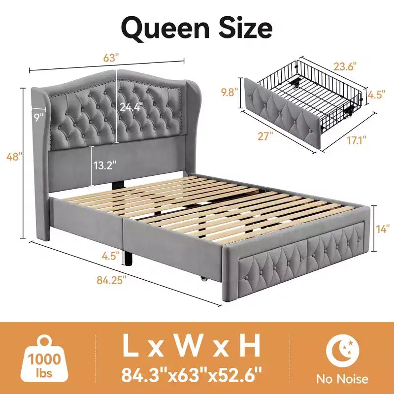 Dyonery Queen Bed Frame, Velvet Upholstered Platform Bed with 2 Storage Drawers, 52.6 Tall Wingback & Vertical Tufted Headboard Design