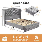Dyonery Queen Bed Frame, Velvet Upholstered Platform Bed with 2 Storage Drawers, 52.6 Tall Wingback & Vertical Tufted Headboard Design