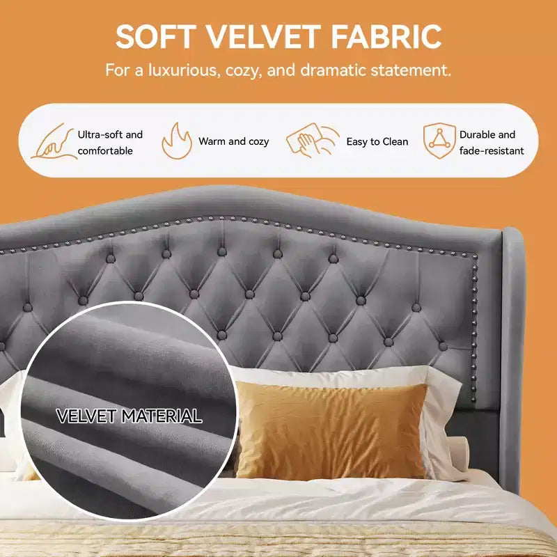 Dyonery Queen Bed Frame, Velvet Upholstered Platform Bed with 2 Storage Drawers, 52.6 Tall Wingback & Vertical Tufted Headboard Design