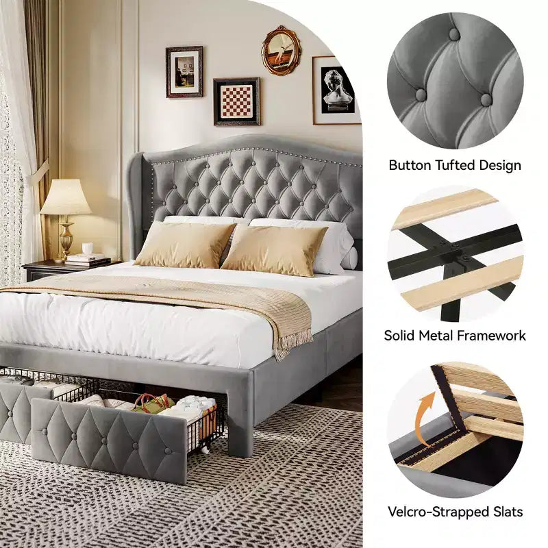 Dyonery Queen Bed Frame, Velvet Upholstered Platform Bed with 2 Storage Drawers, 52.6 Tall Wingback & Vertical Tufted Headboard Design