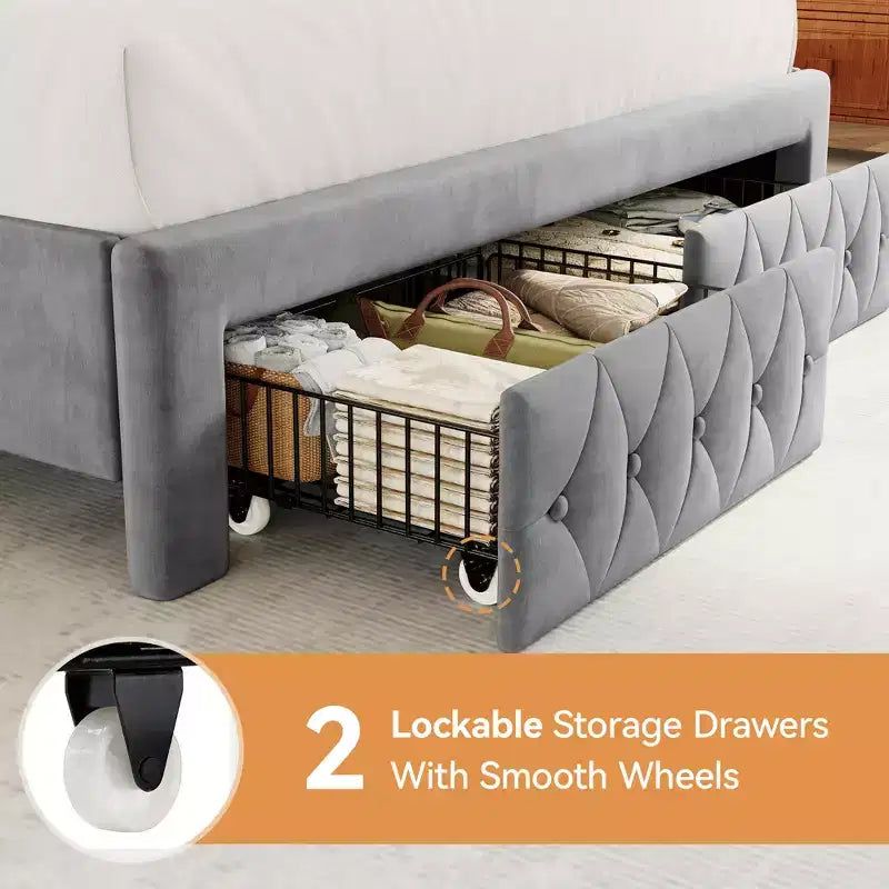 Dyonery Queen Bed Frame, Velvet Upholstered Platform Bed with 2 Storage Drawers, 52.6 Tall Wingback & Vertical Tufted Headboard Design