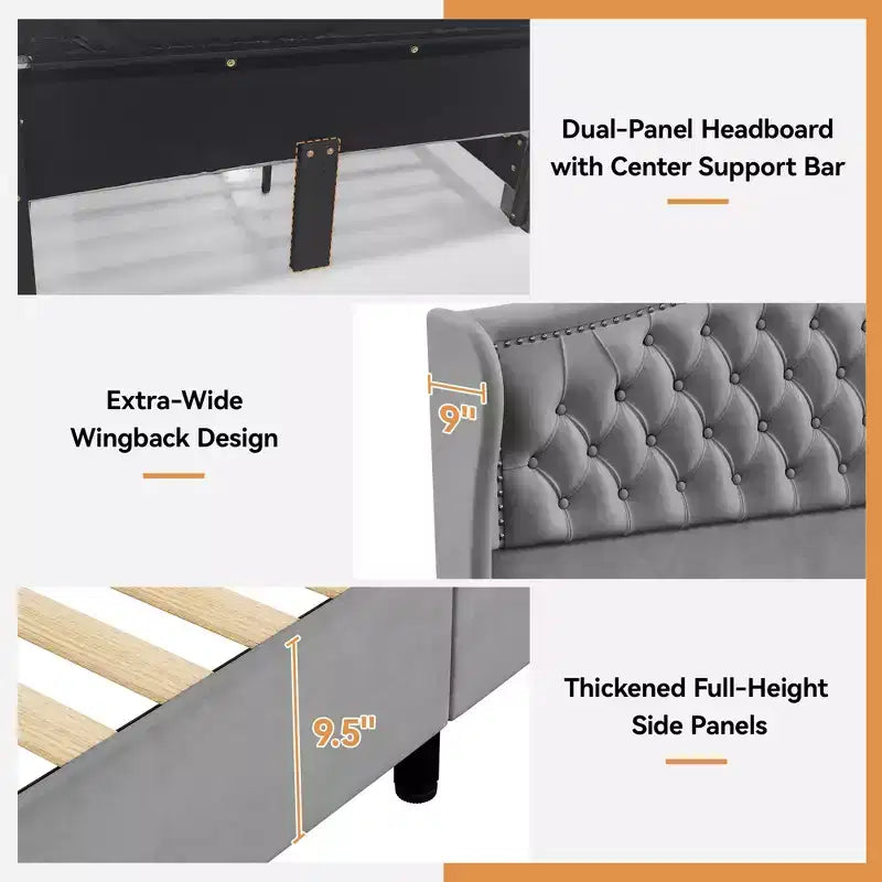 Dyonery Queen Bed Frame, Velvet Upholstered Platform Bed with 2 Storage Drawers, 52.6 Tall Wingback & Vertical Tufted Headboard Design
