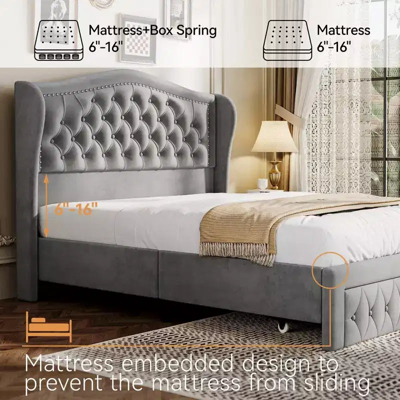 Dyonery Queen Bed Frame, Velvet Upholstered Platform Bed with 2 Storage Drawers, 52.6 Tall Wingback & Vertical Tufted Headboard Design