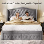 Dyonery Queen Bed Frame, Velvet Upholstered Platform Bed with 2 Storage Drawers, 52.6 Tall Wingback & Vertical Tufted Headboard Design