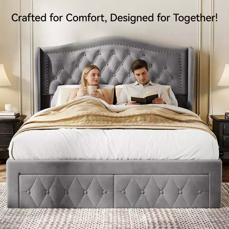 Dyonery Queen Bed Frame, Velvet Upholstered Platform Bed with 2 Storage Drawers, 52.6 Tall Wingback & Vertical Tufted Headboard Design