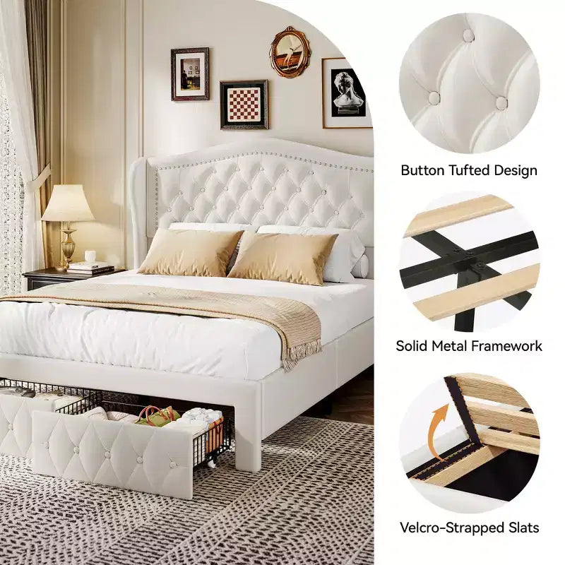 Dyonery Queen Bed Frame, Velvet Upholstered Platform Bed with 2 Storage Drawers, 52.6 Tall Wingback & Vertical Tufted Headboard Design