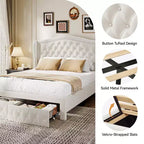Dyonery Queen Bed Frame, Velvet Upholstered Platform Bed with 2 Storage Drawers, 52.6 Tall Wingback & Vertical Tufted Headboard Design