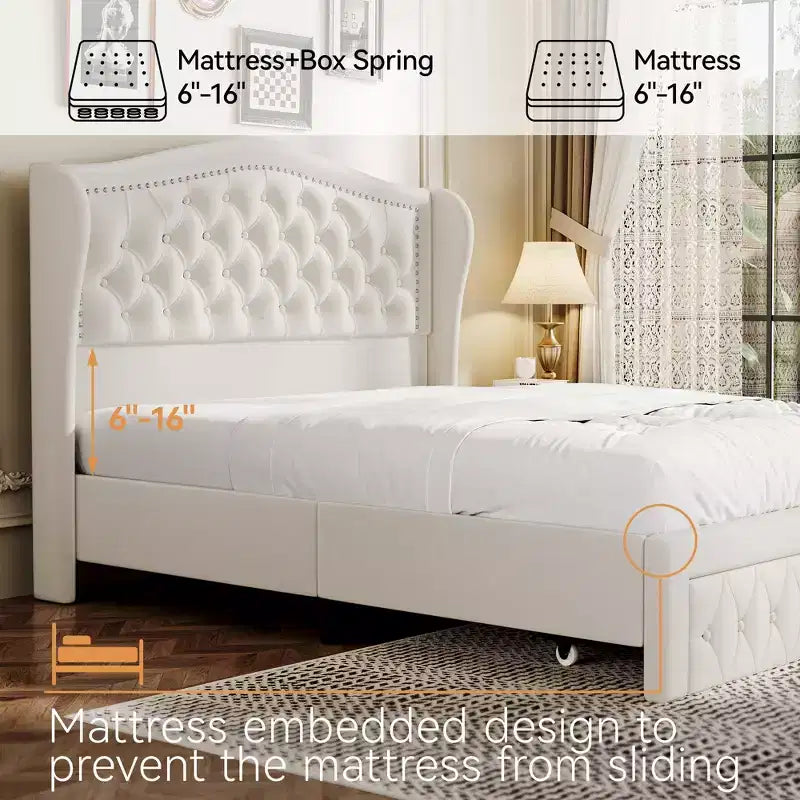 Dyonery Queen Bed Frame, Velvet Upholstered Platform Bed with 2 Storage Drawers, 52.6 Tall Wingback & Vertical Tufted Headboard Design