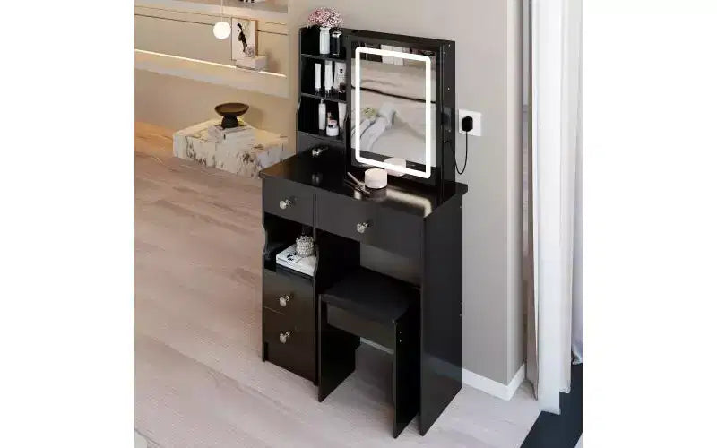 29.2-Inch Natural Makeup Vanity Desk with LED Mirror, Organized Storage, Hair Dryer Stand and Matching Stool for Small Spaces