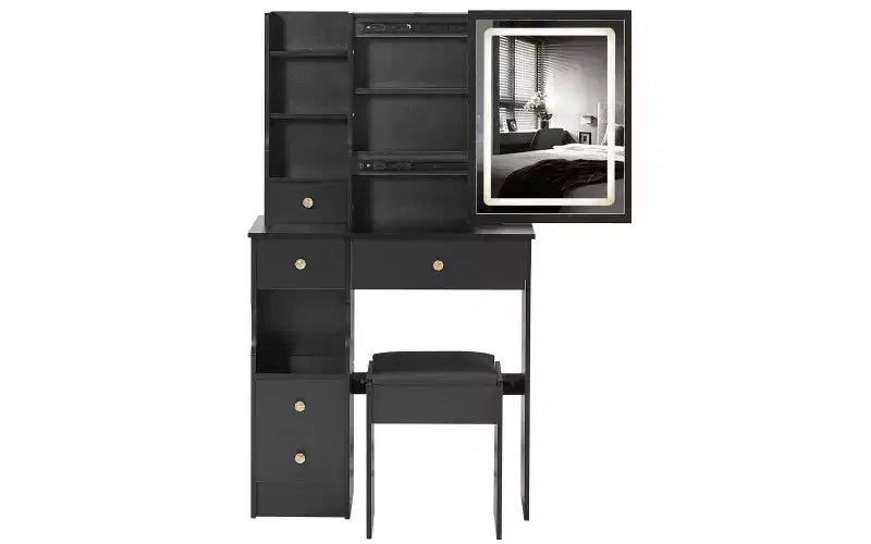 29.2-Inch Natural Makeup Vanity Desk with LED Mirror, Organized Storage, Hair Dryer Stand and Matching Stool for Small Spaces